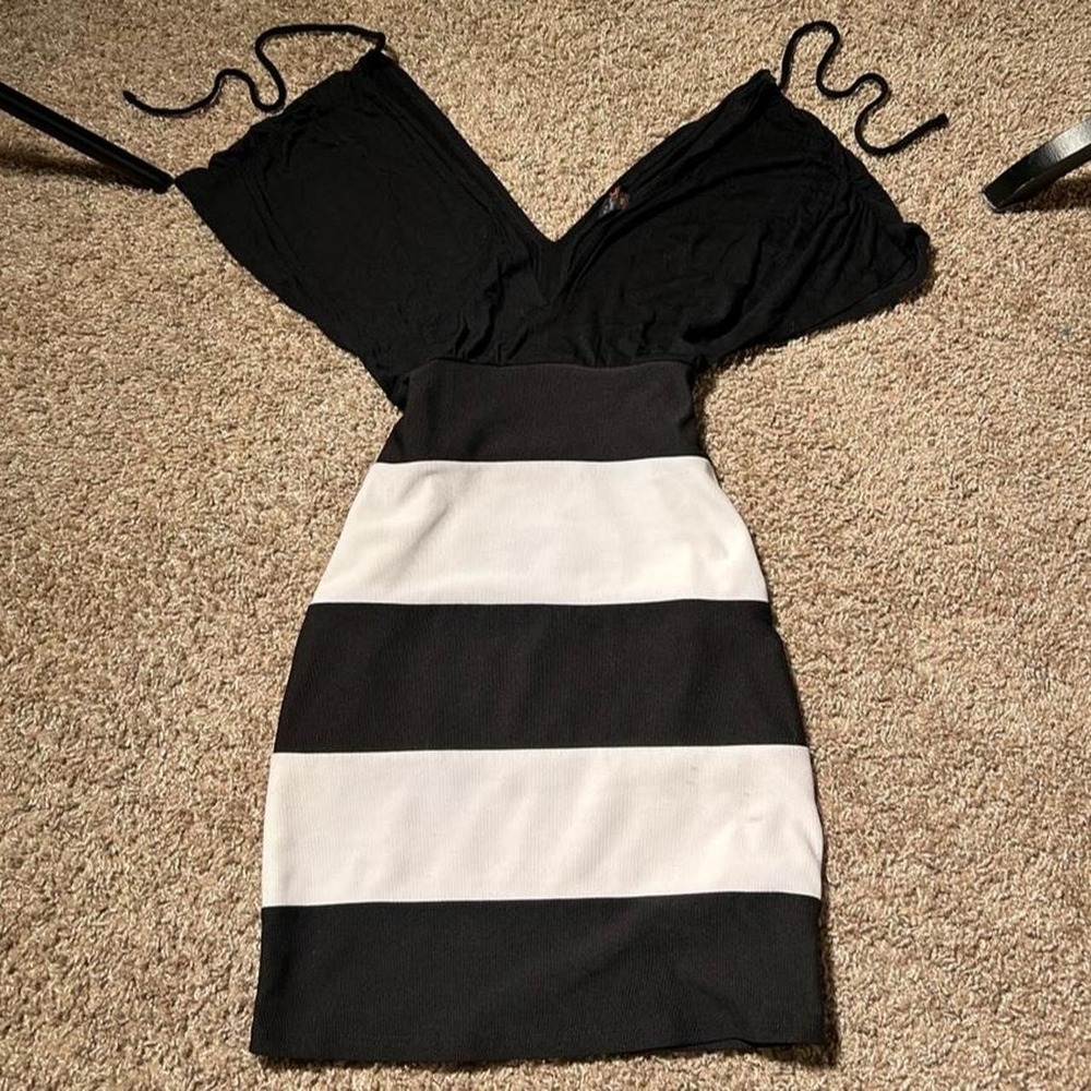 Guess Black White Y2K Colorblock Striped Bandage Off Shoulder Bodycon Dress XS